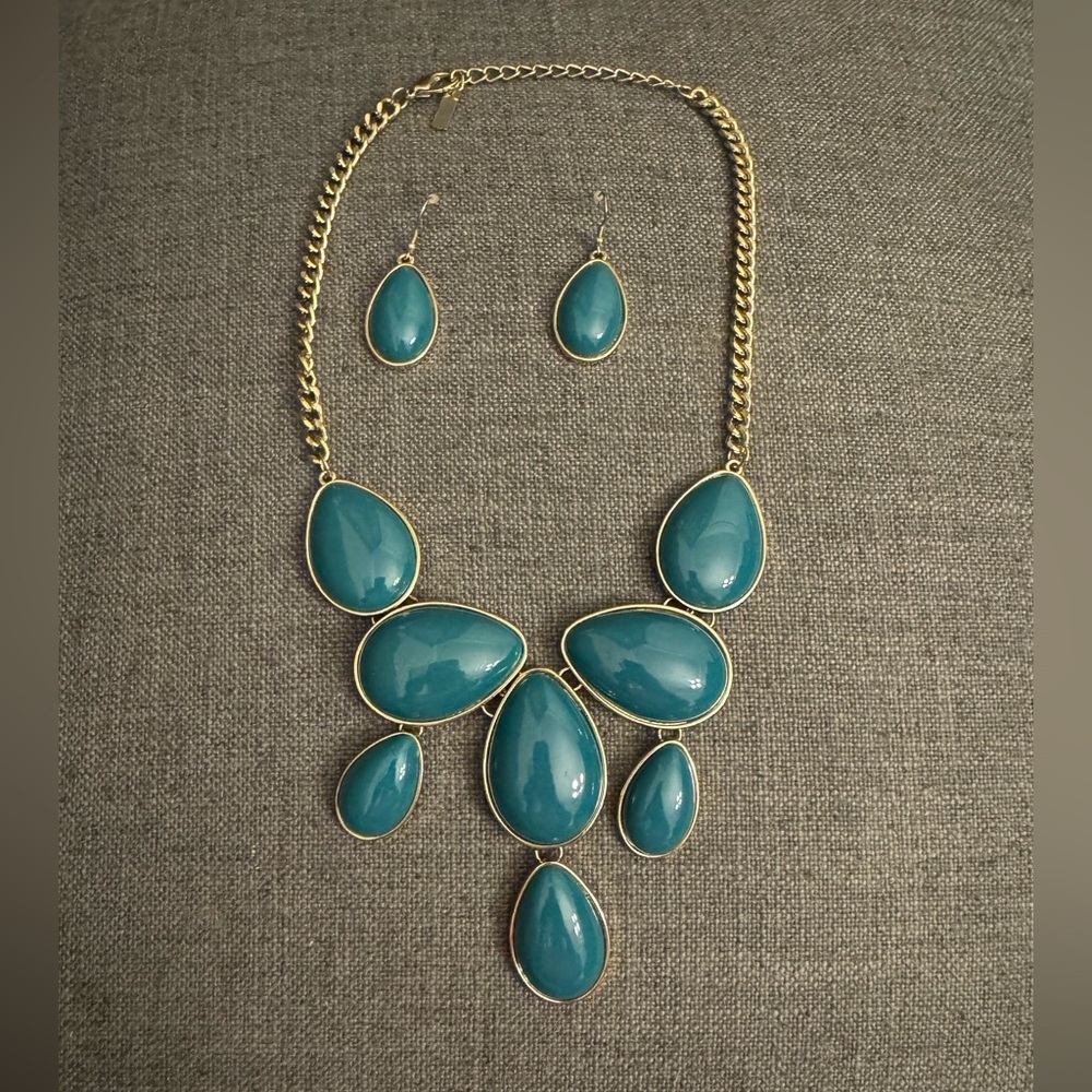 Mika Teal Bib Bubble Vintage 2000s Y2k 20” Necklace With Matching Earrin